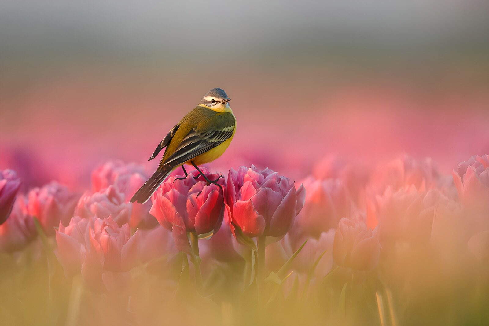 TP31314: Vogel tussen de tulpen in de ochtend