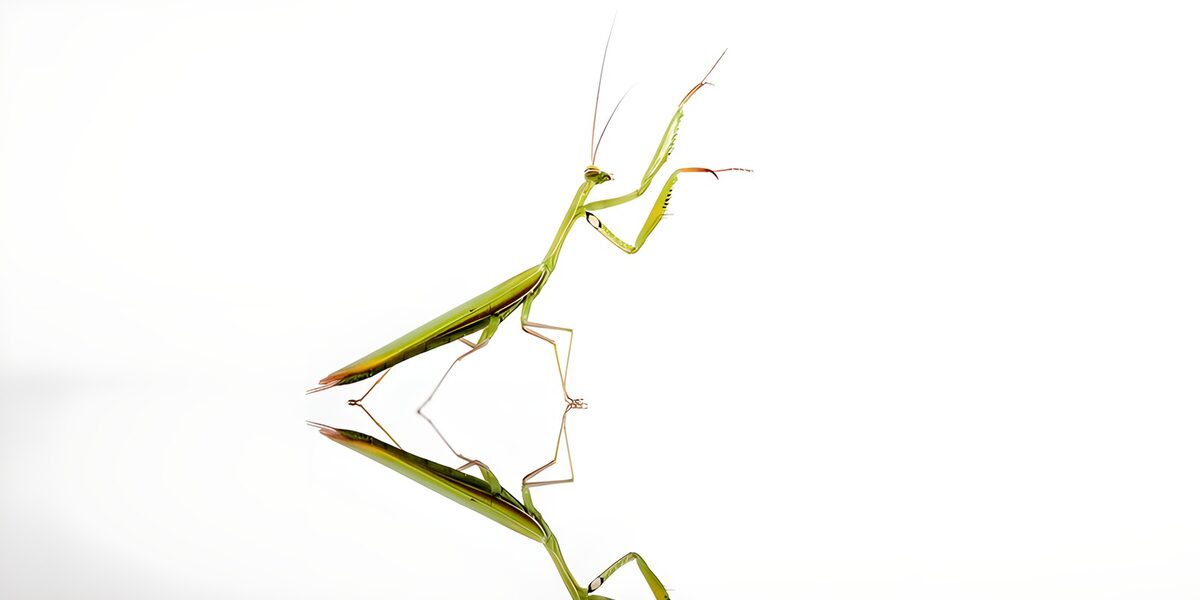 Groene bidsprinkhaan met zijn poten aan het zwaaien