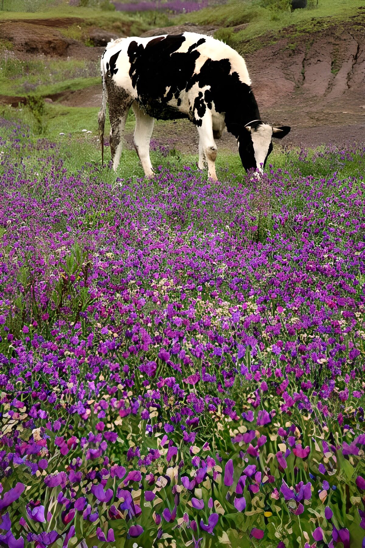 TP33722: Koe in paars bloemenveld