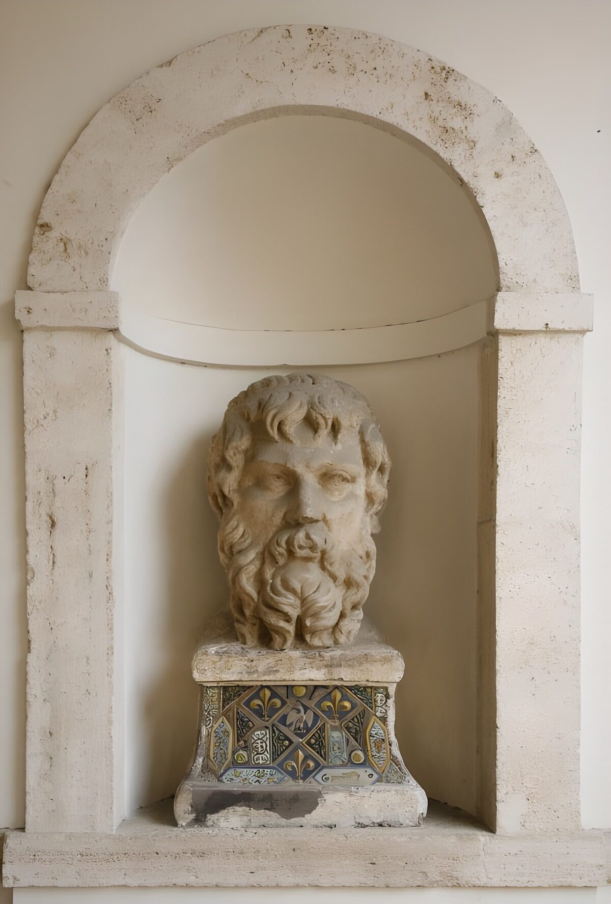 Stenen beeld van een man met baard in een nis