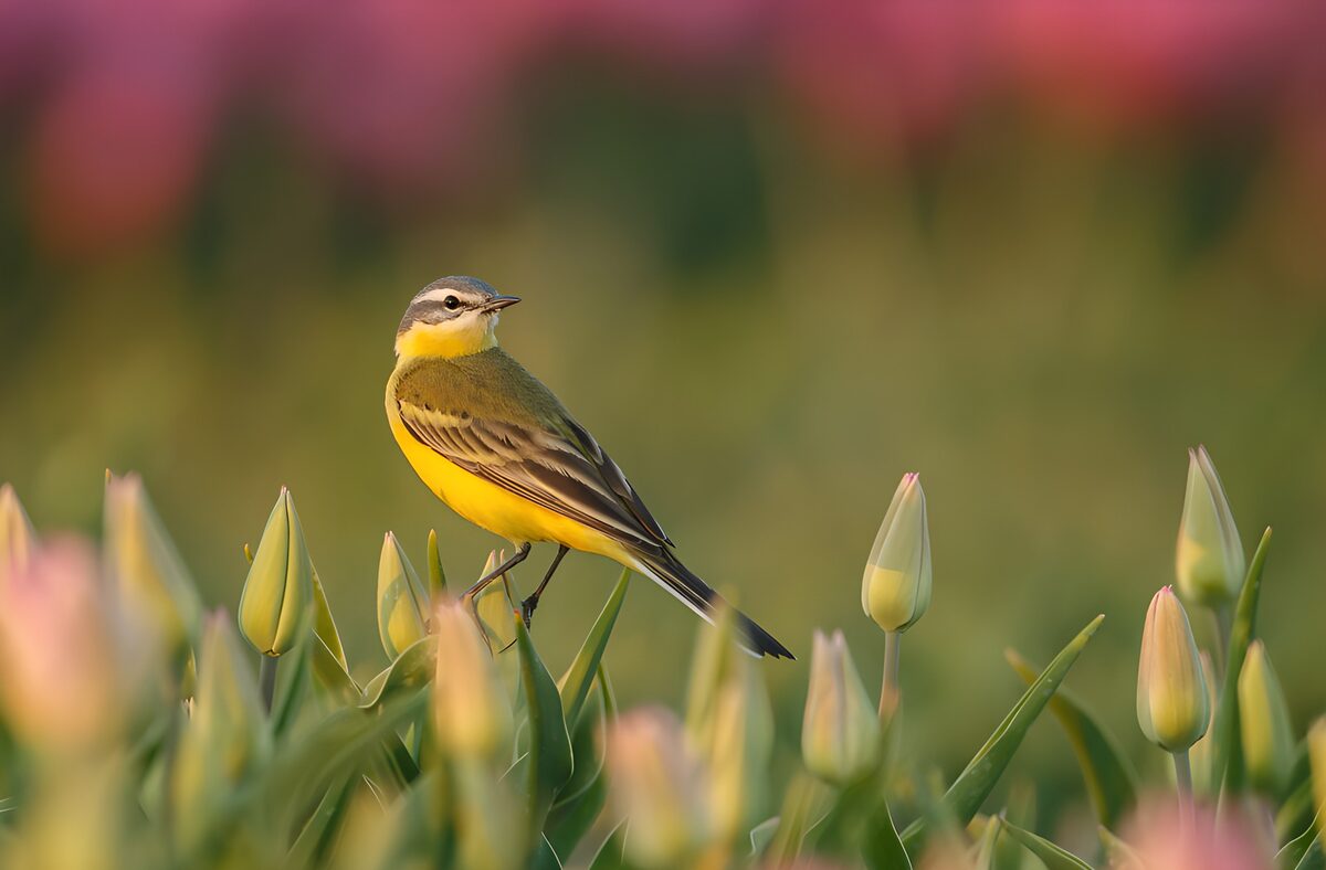 Gele Kwikstaart tussen bloeiende tulpen