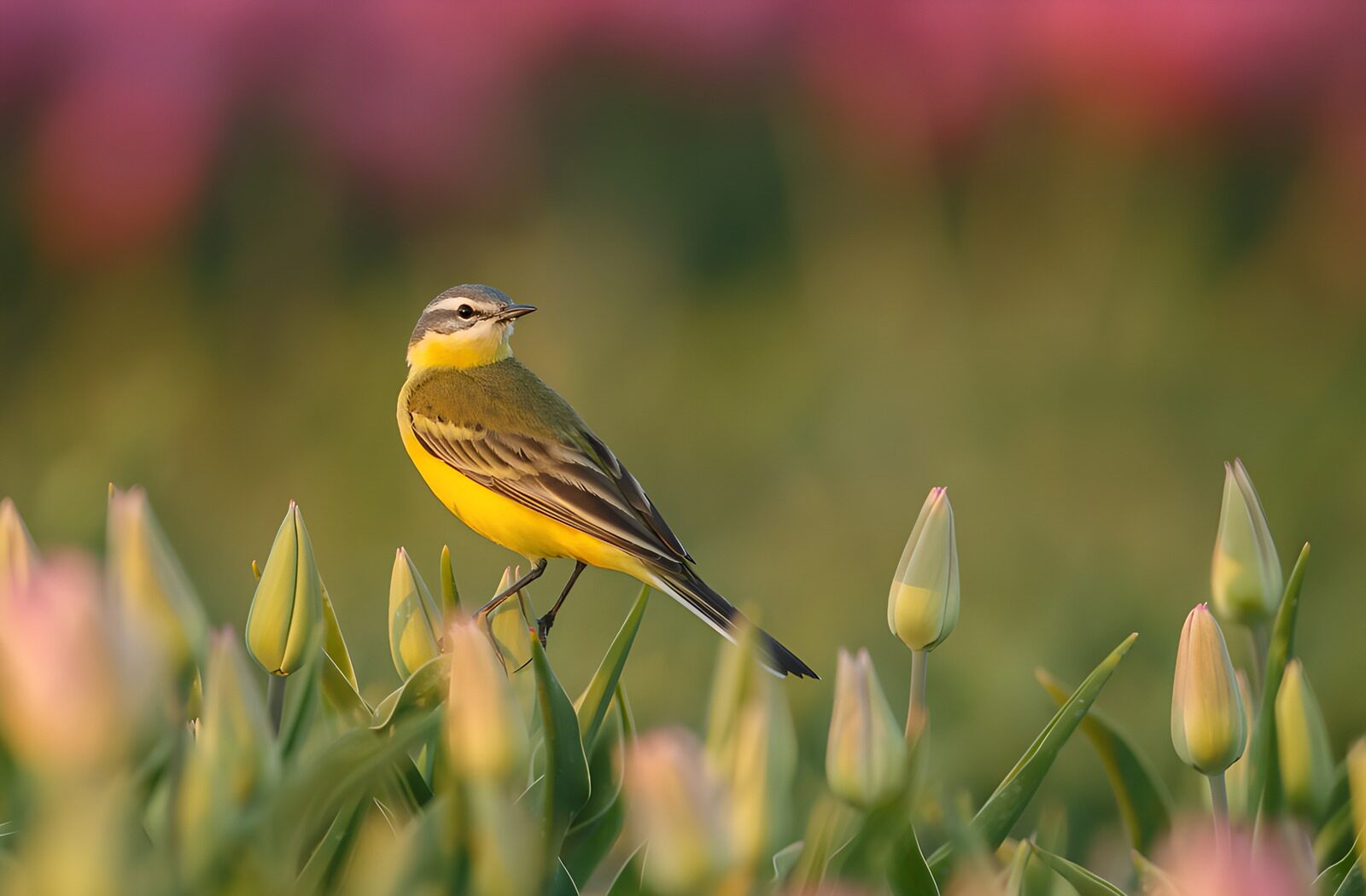 TP50182: Gele Kwikstaart tussen bloeiende tulpen