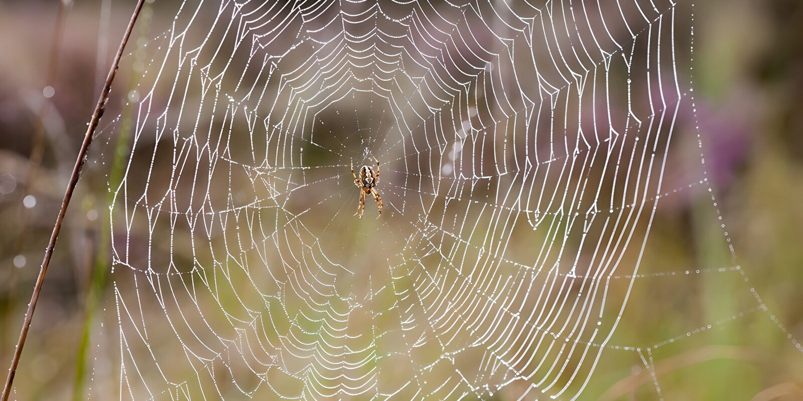 TP44249: Een spinnenweb met ochtenddruppels met in het midden een spin