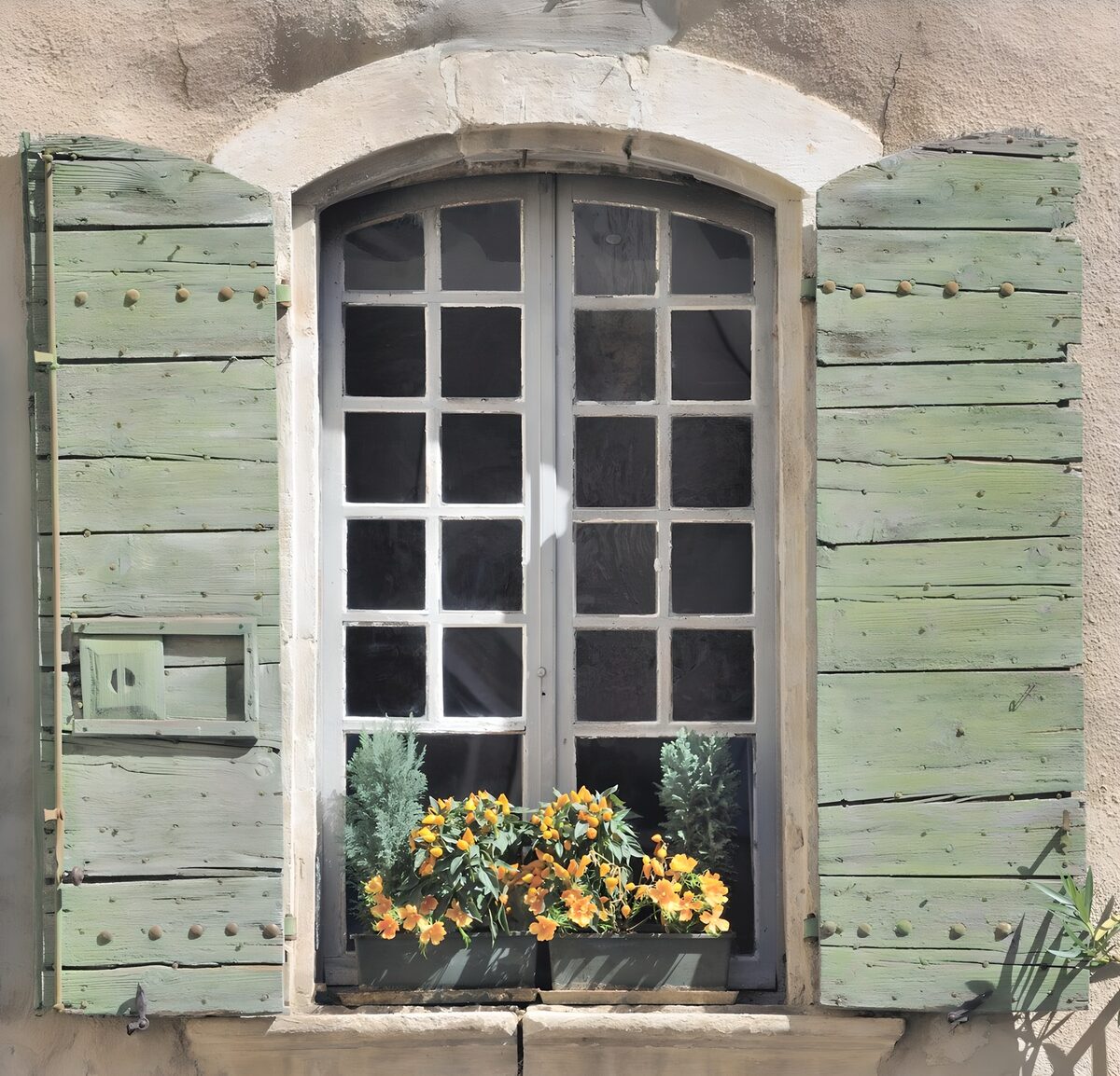 Charmant raam met bloemen en groene luiken