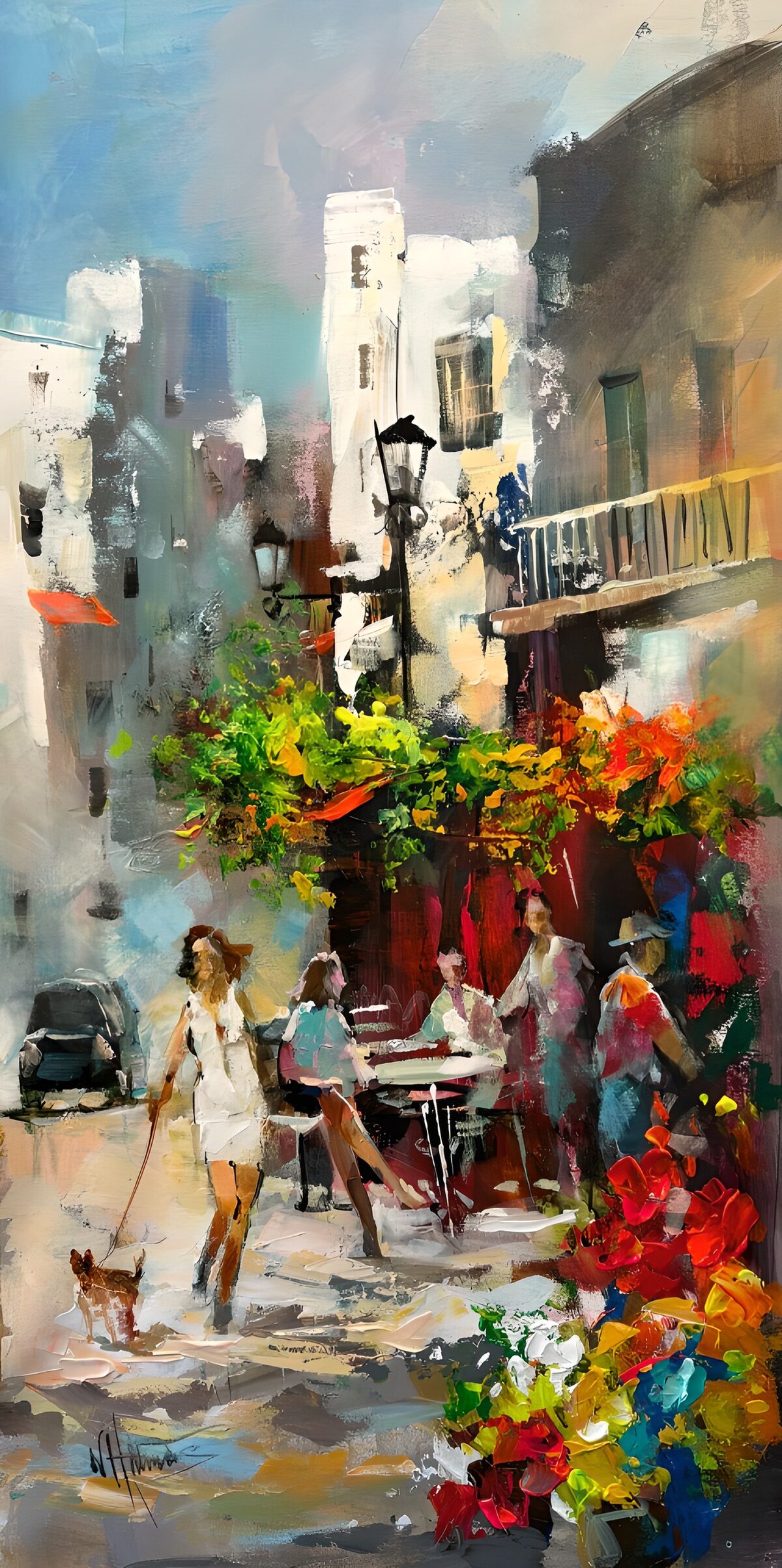Zomers straatcafé vol bloemen