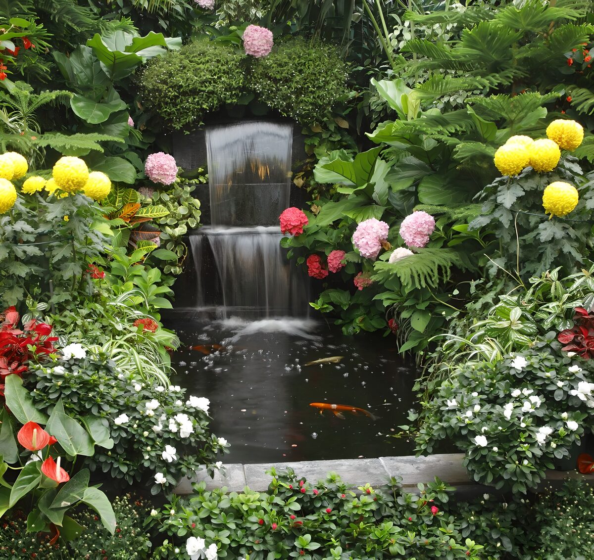 Waterval omringd met bloemen