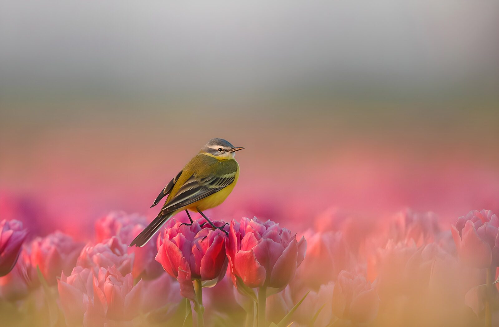 TP70982: Vogel tussen kleurrijke tulpen