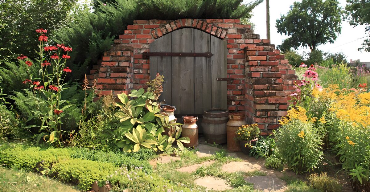 Sfeervolle tuin met stenen toegangspoort