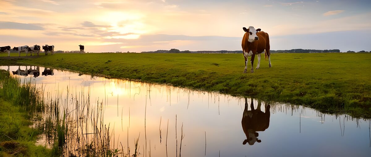 Koe bij de ondergang van de zon