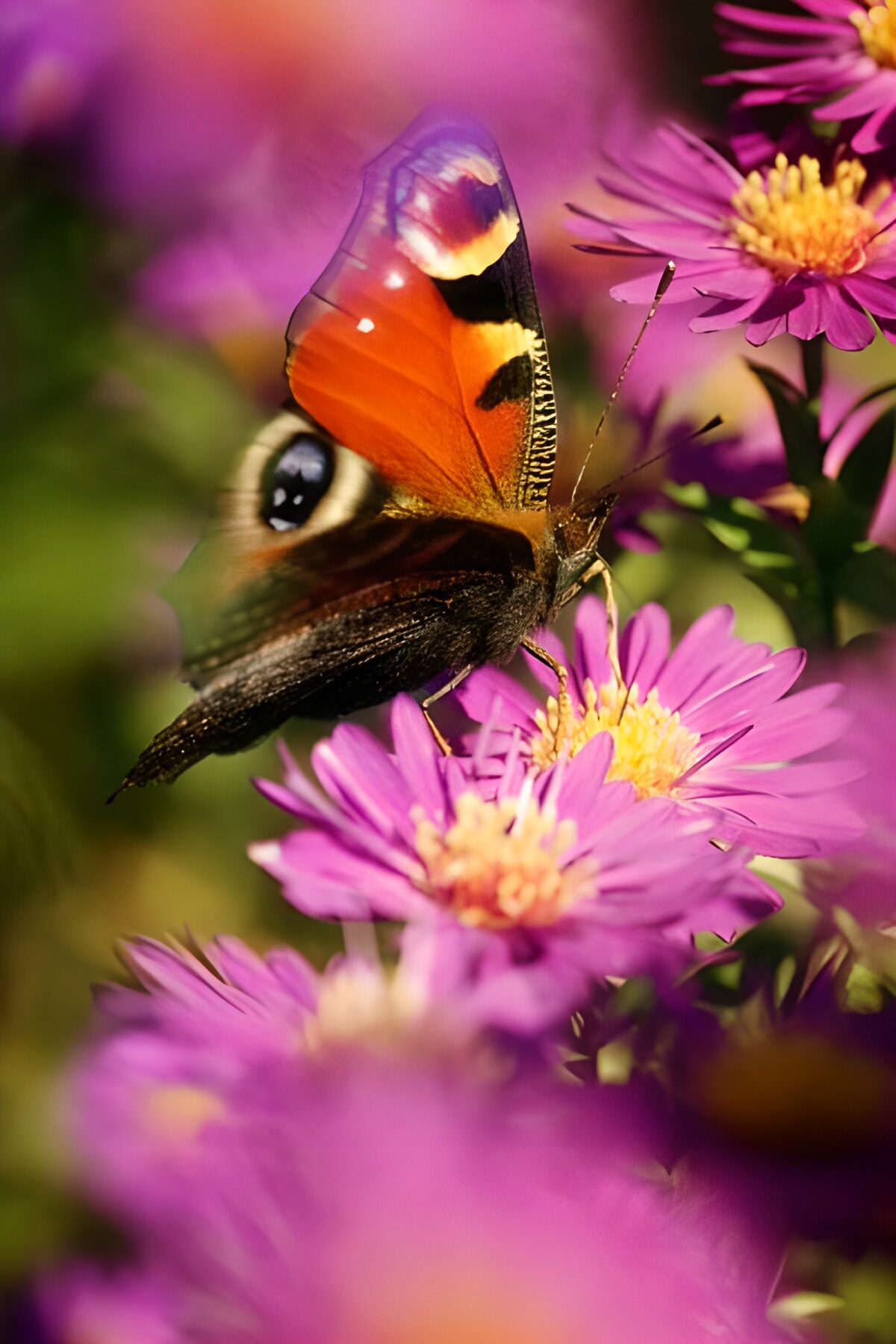 TP43858: Dagpauwoog vlinder op roze margrieten