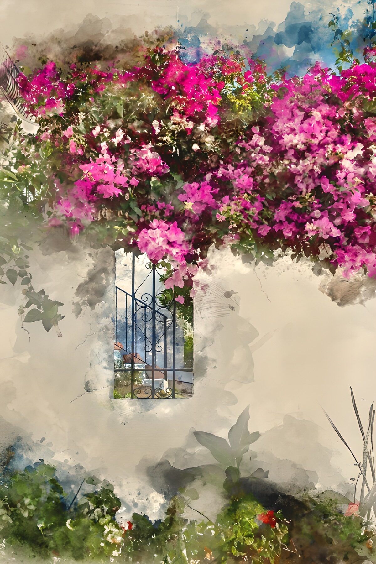 TP67018: Bloeiende Bougainvillea bij Raam