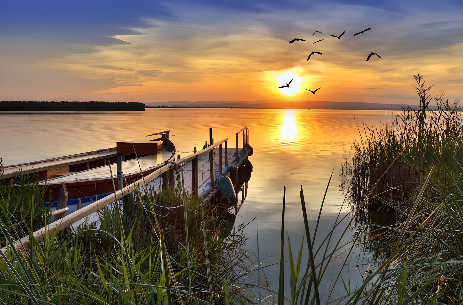 TP52215: Boot bij steiger met zonsondergang en vogels