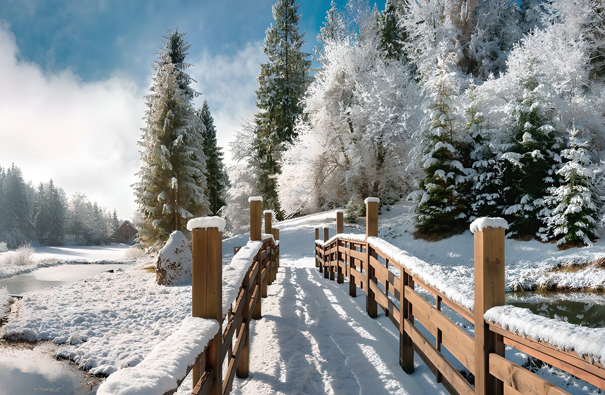 Winterse brug in een besneeuwd landschap