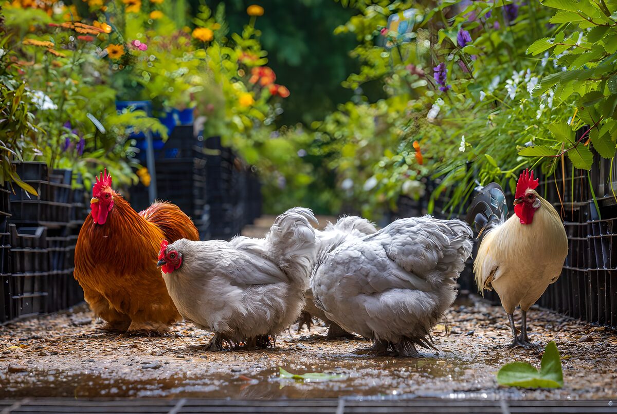 Kippen op een tuinpad