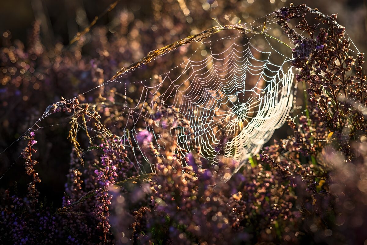 Spinneweb in ochtendzon op de heide