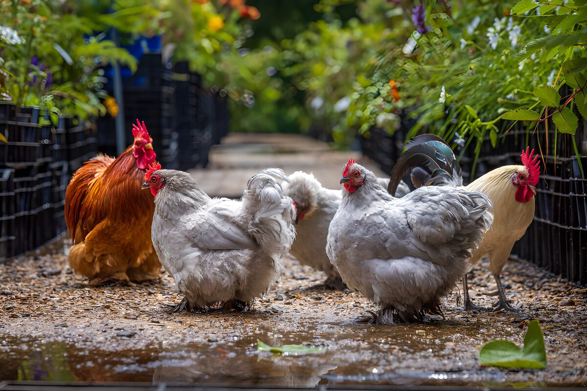 Kippen op een tuinpad
