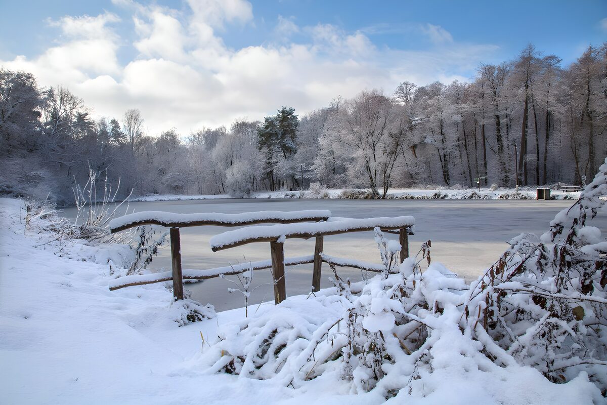 Sneeuwbedekt landschap met bevroren water