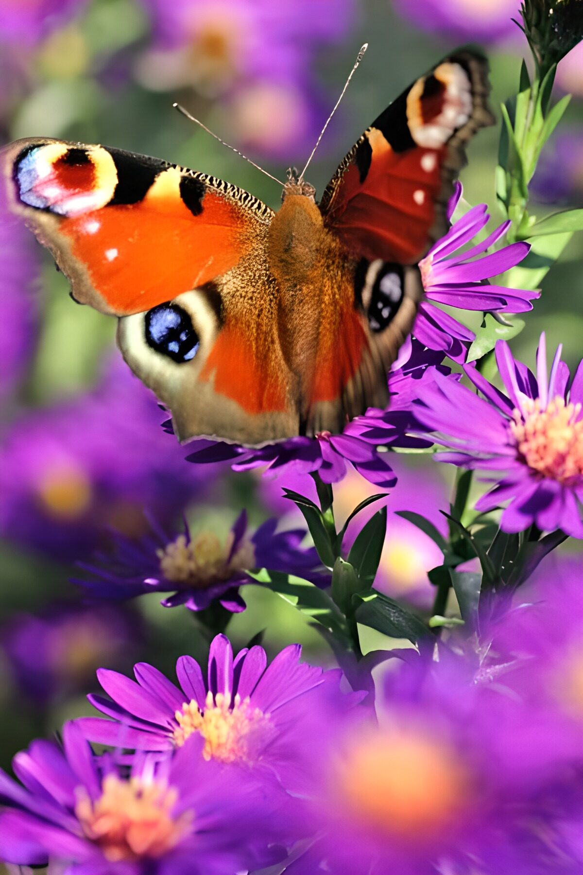 TP45380: Dagpauwoog vlinder op paarse margrieten