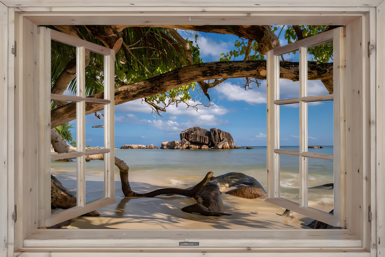 TP91552: Uitzicht op tropisch strand vanuit raam