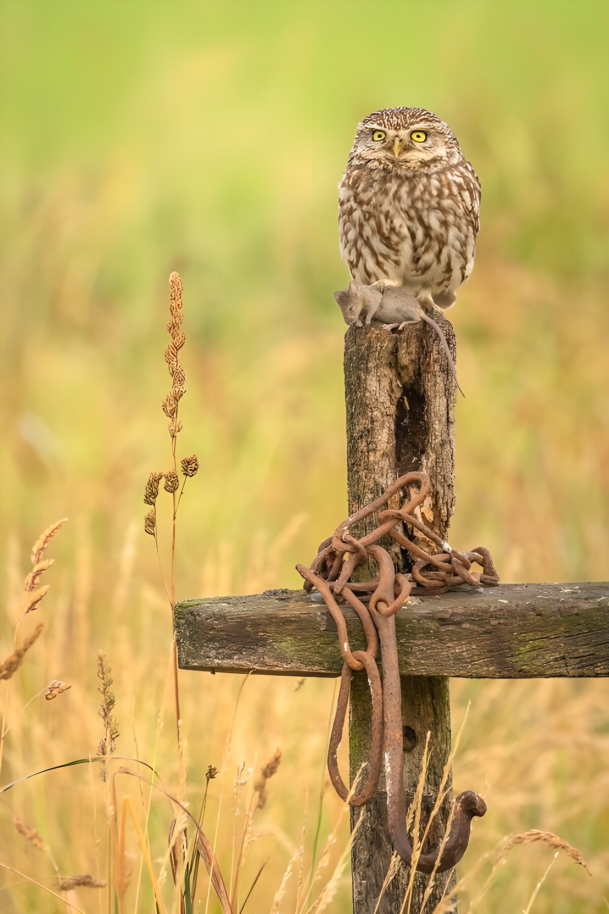Kleine uil op een verroeste paal