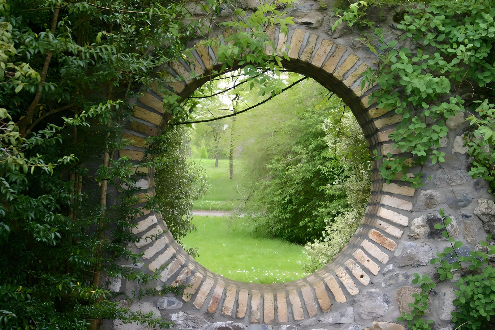 TP99583: Stenen muur met ronde doorkijk op park
