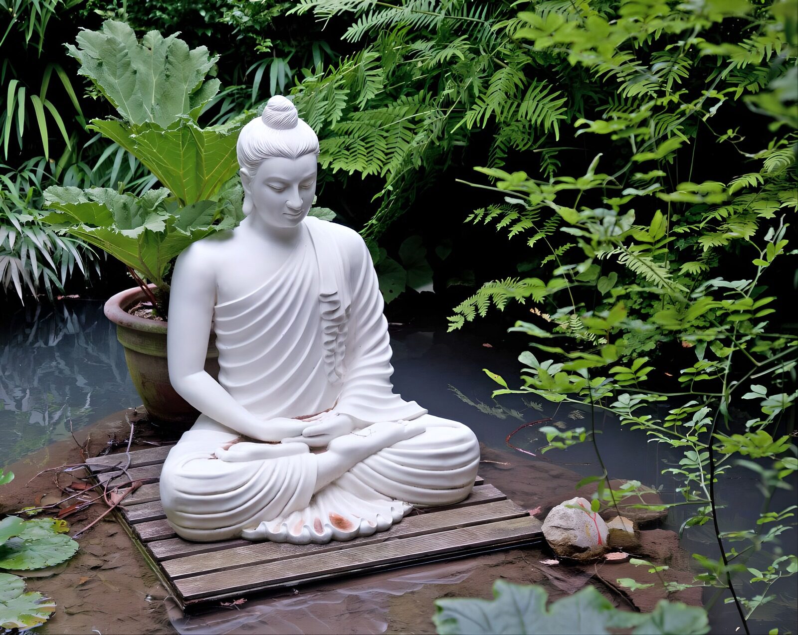 TP82725: Boeddha Dhyana Mudra op houten vlonder