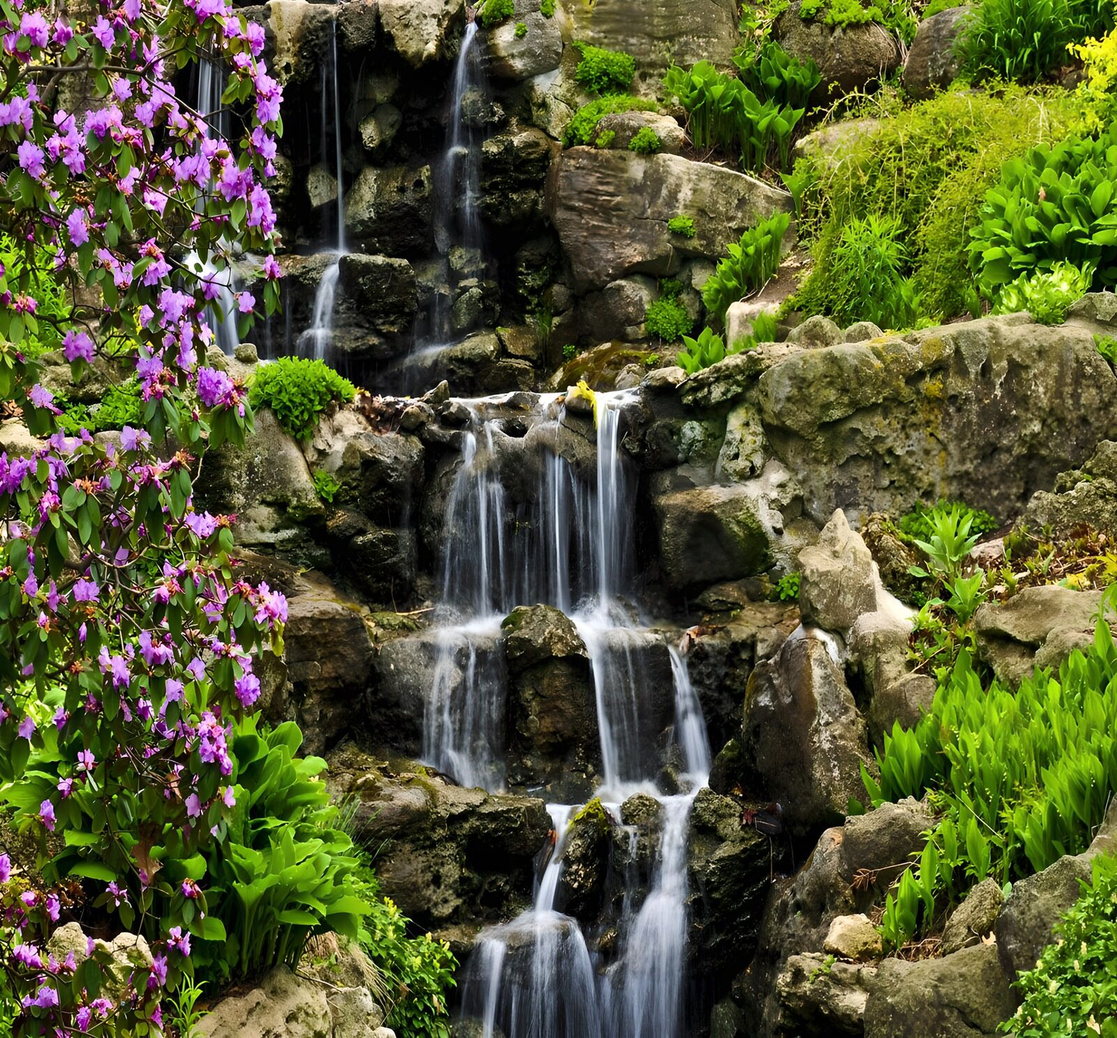 TP47432: Waterval met paarse bloemen