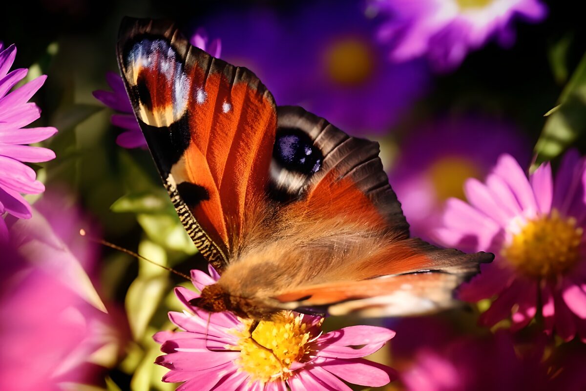 Dagpauwoog vlinder op roze margriet