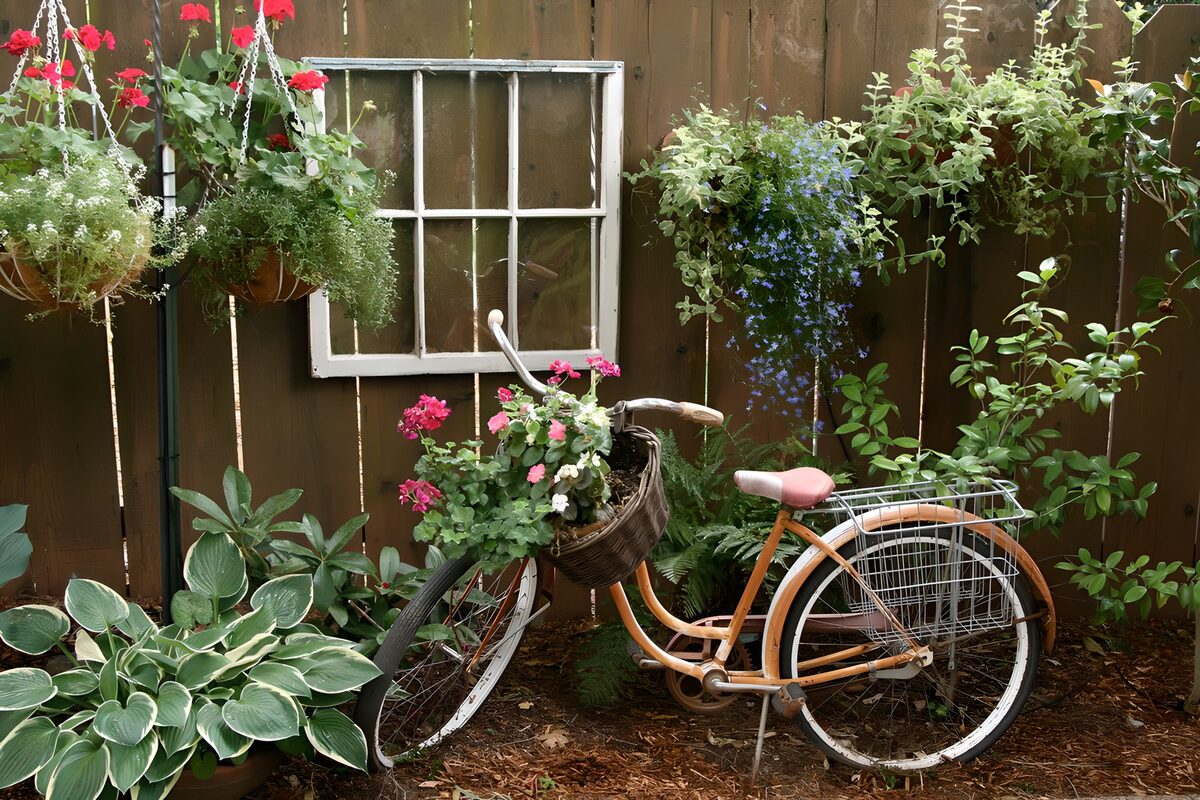 Vintage fiets in bloeiende tuin