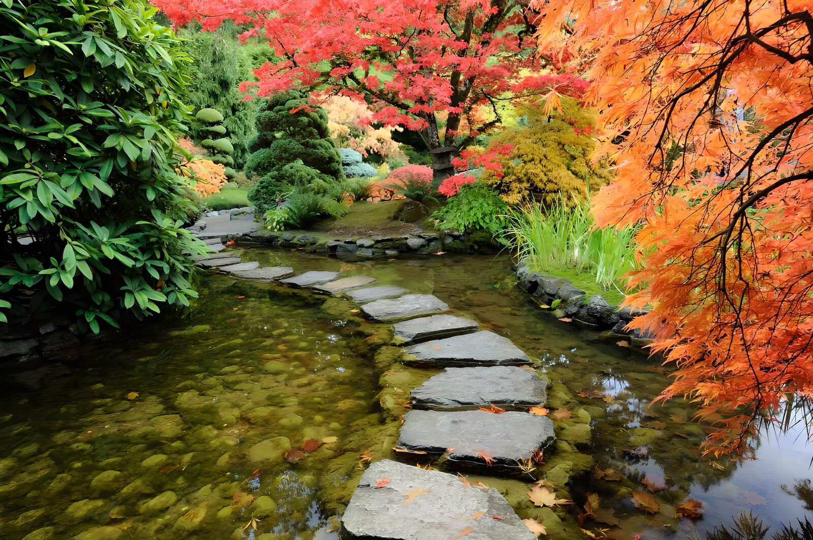 TP74959: Stapstenen door beek met Japanse esdoorn