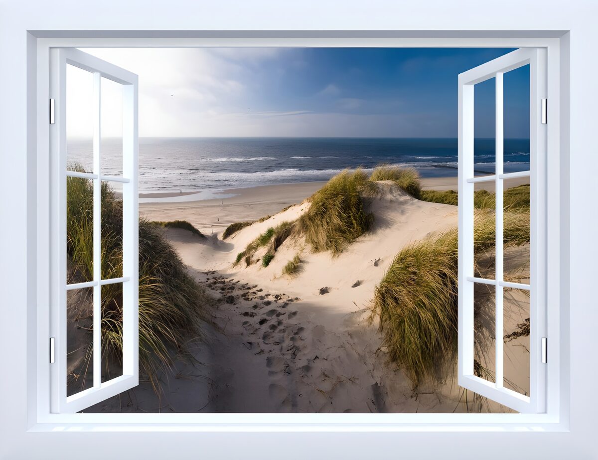 Uitzicht op het strand vanuit een raam
