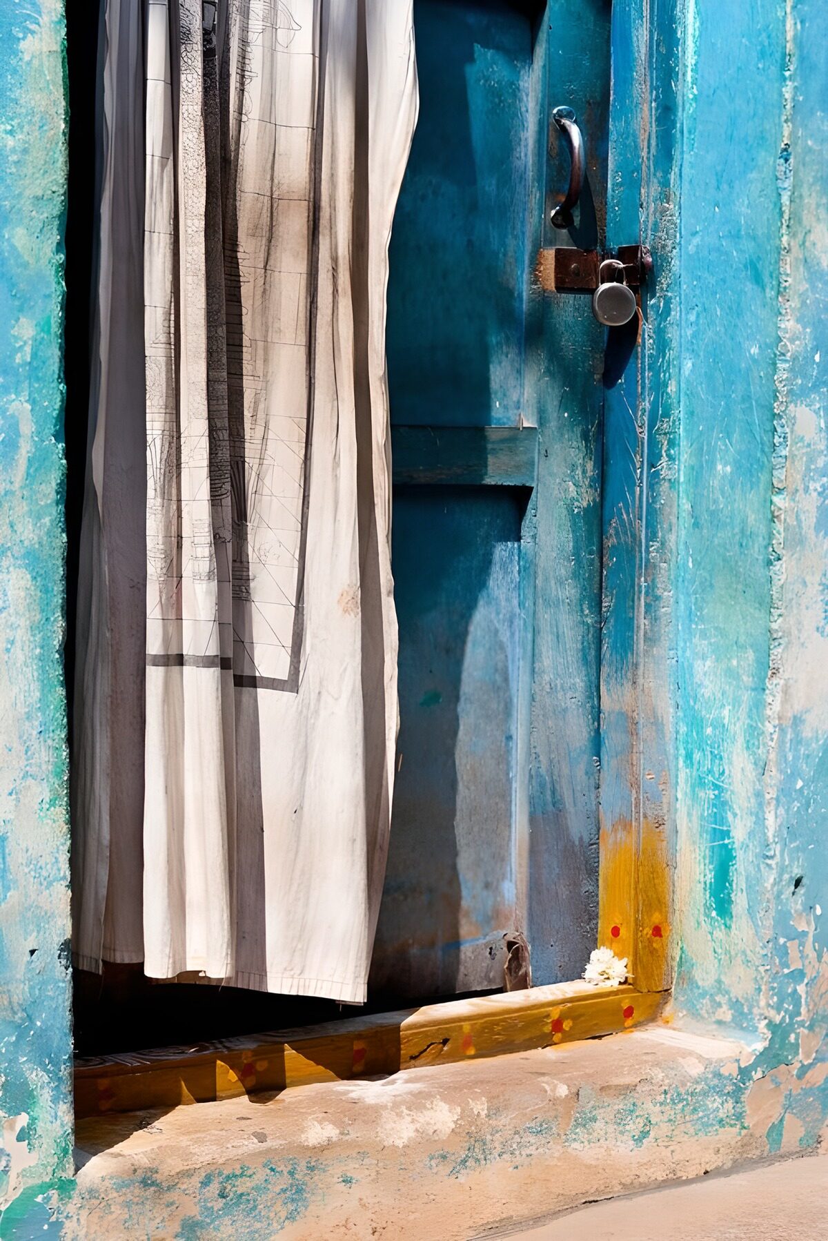 TP82552: Blauwe deur met gordijn