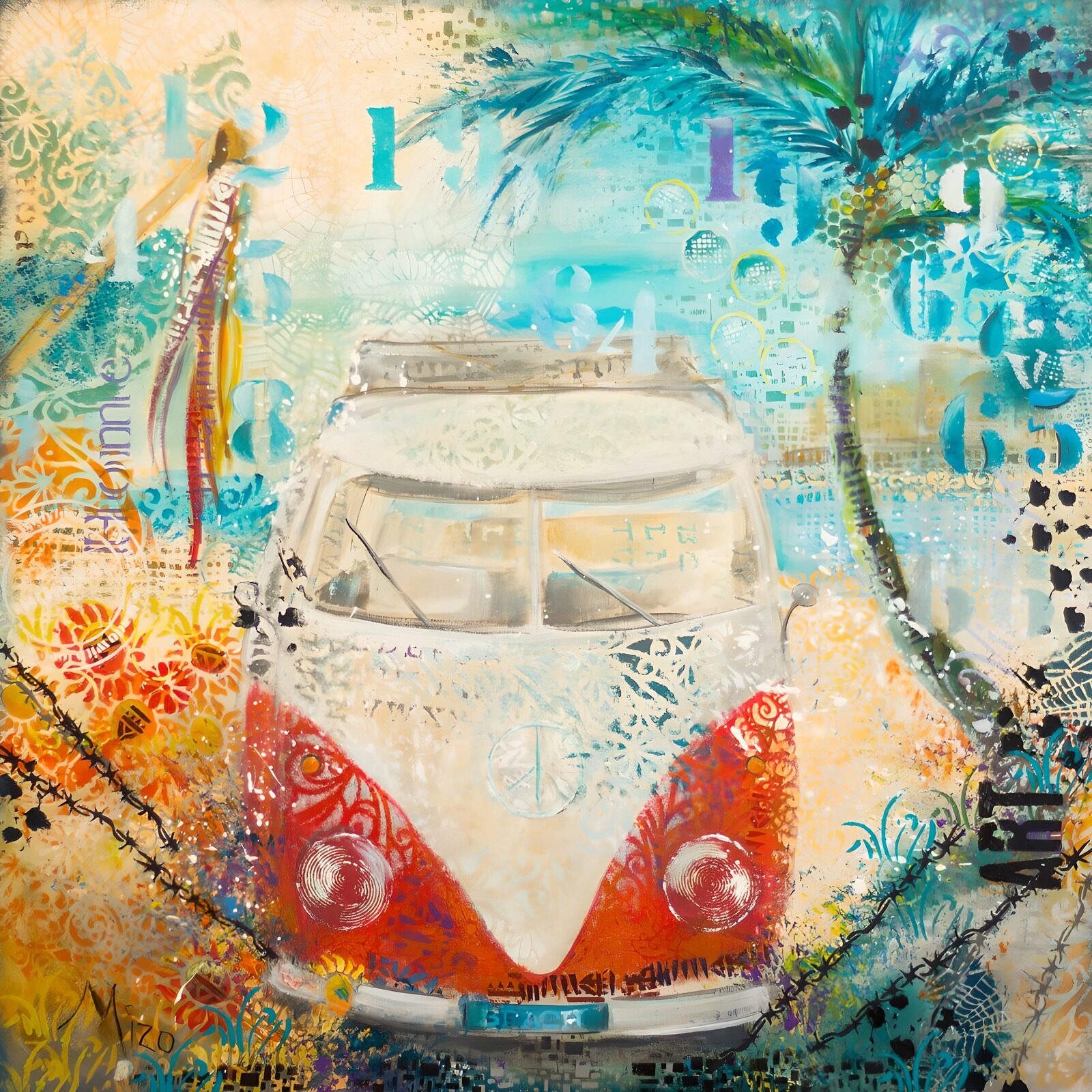 TP16414: Kleurrijke VW-bus onder palmbomen
