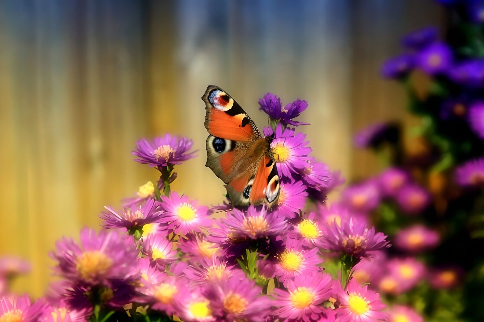 TP54717: Dagpauwoog vlinder tussen roze margrieten