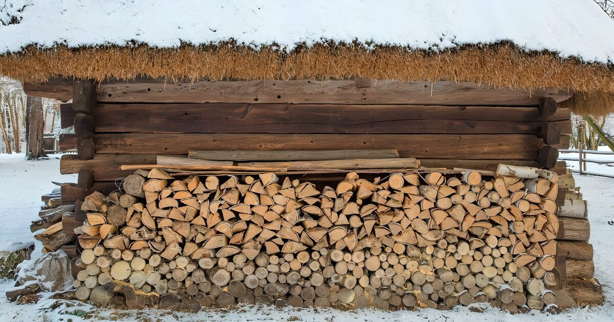 Houten schuur met brandhout in de sneeuw