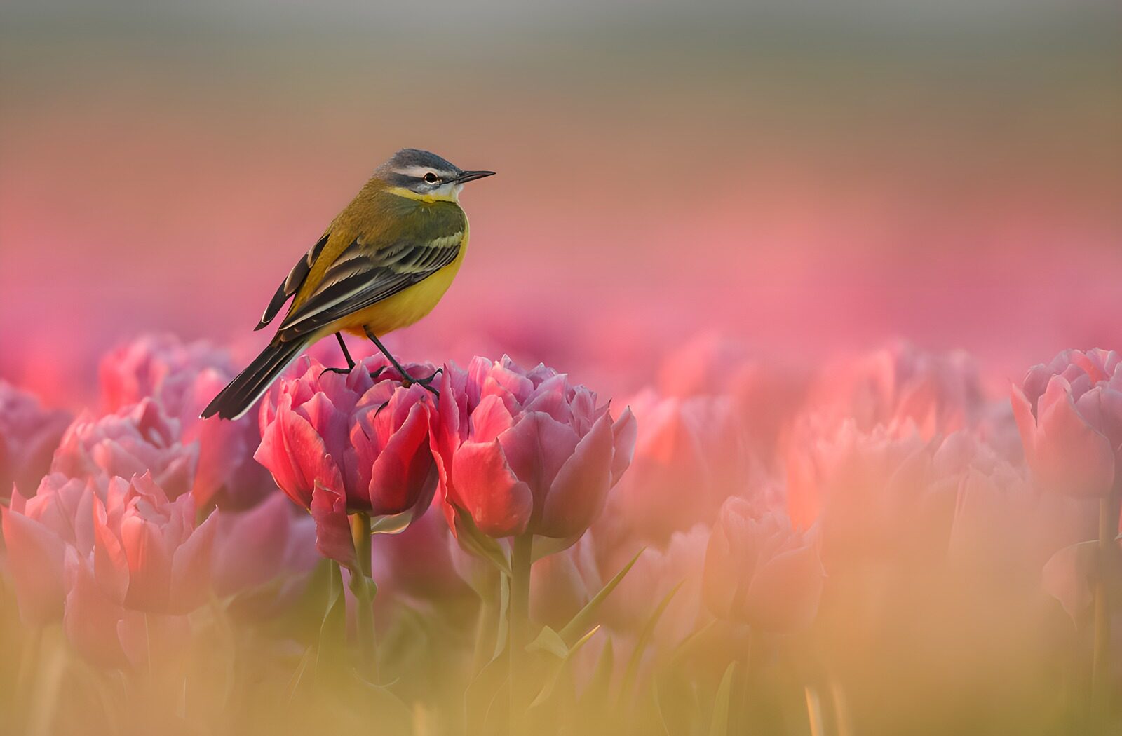 TP67905: Vogel op tulpen in zachte kleuren