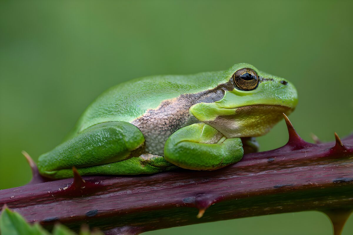 Groene kikker op een doornige tak