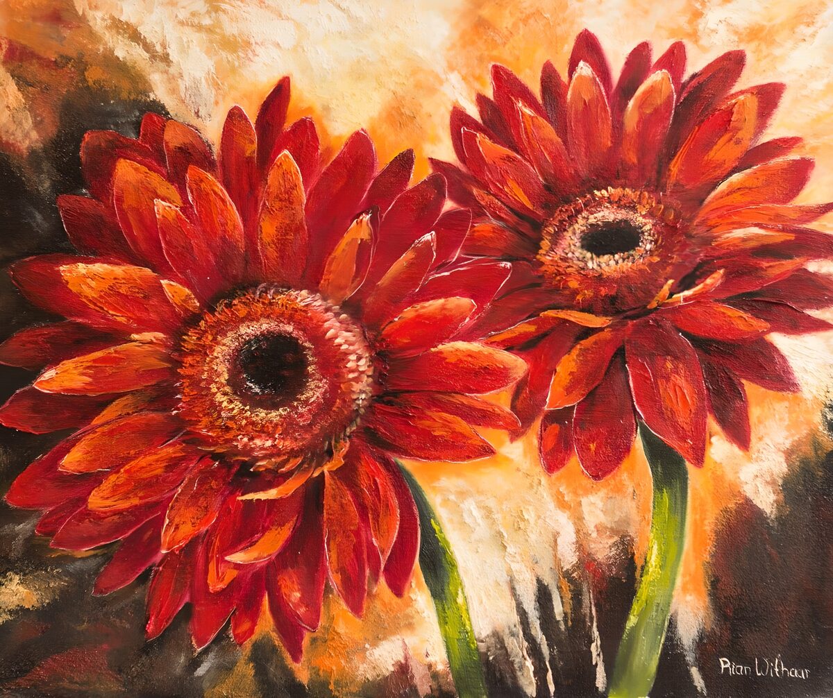 Twee vurige gerbera's in bloei