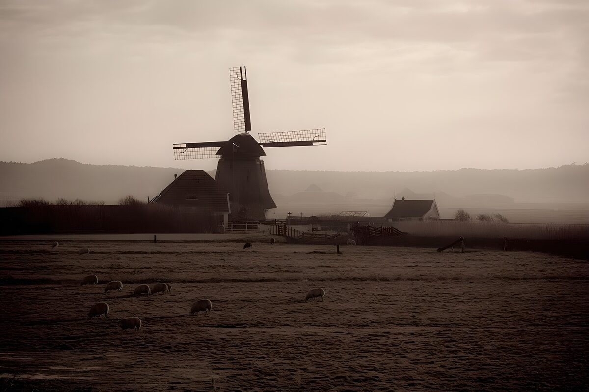 Rustige molen in het mistlandschap