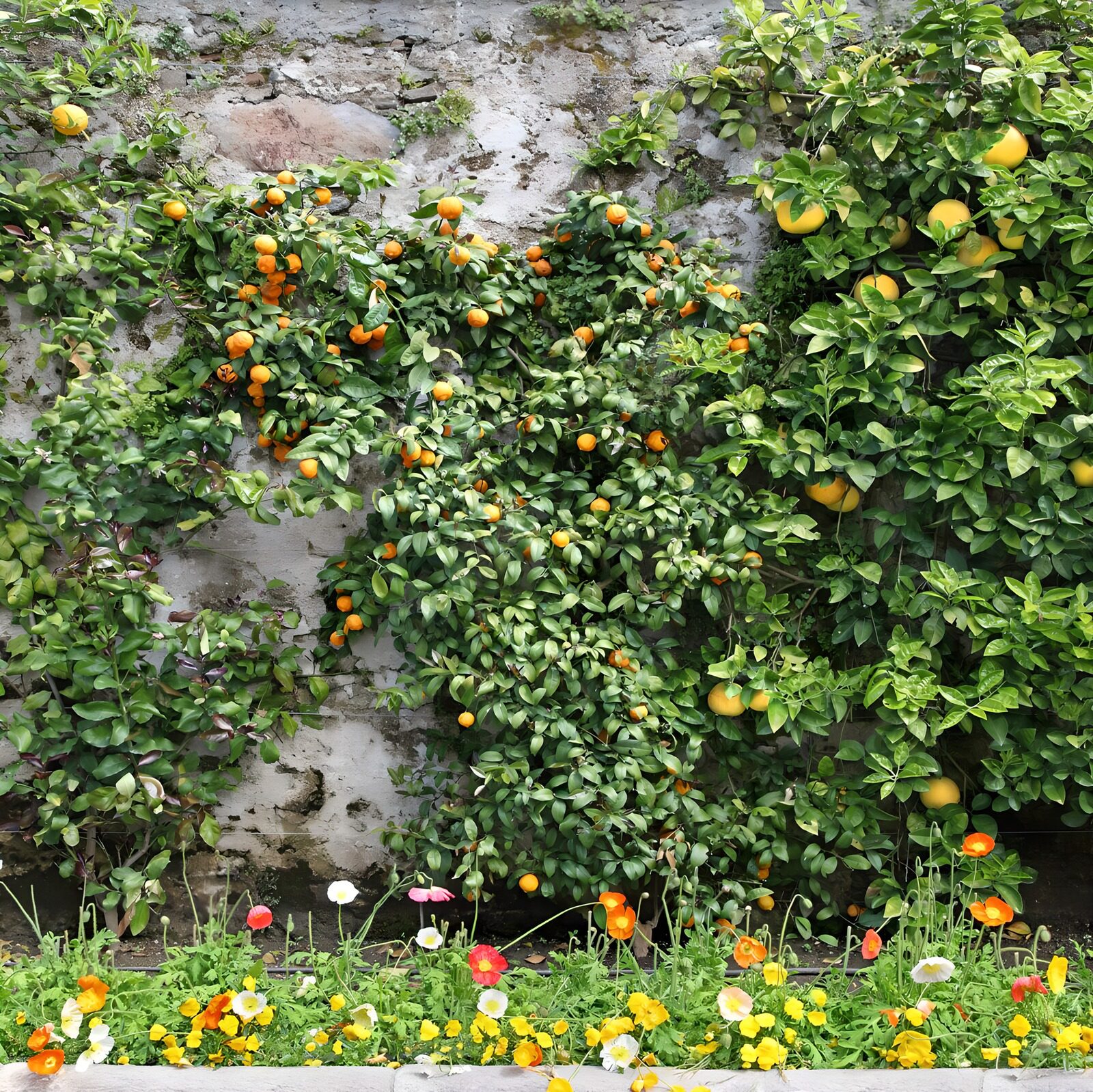 TP48193: Citrusvertrekken tegen een oude muur