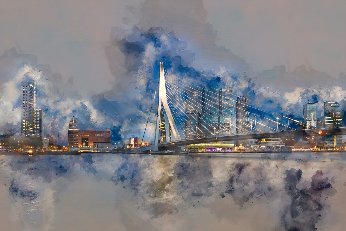 Skyline van Rotterdam bij Schemering