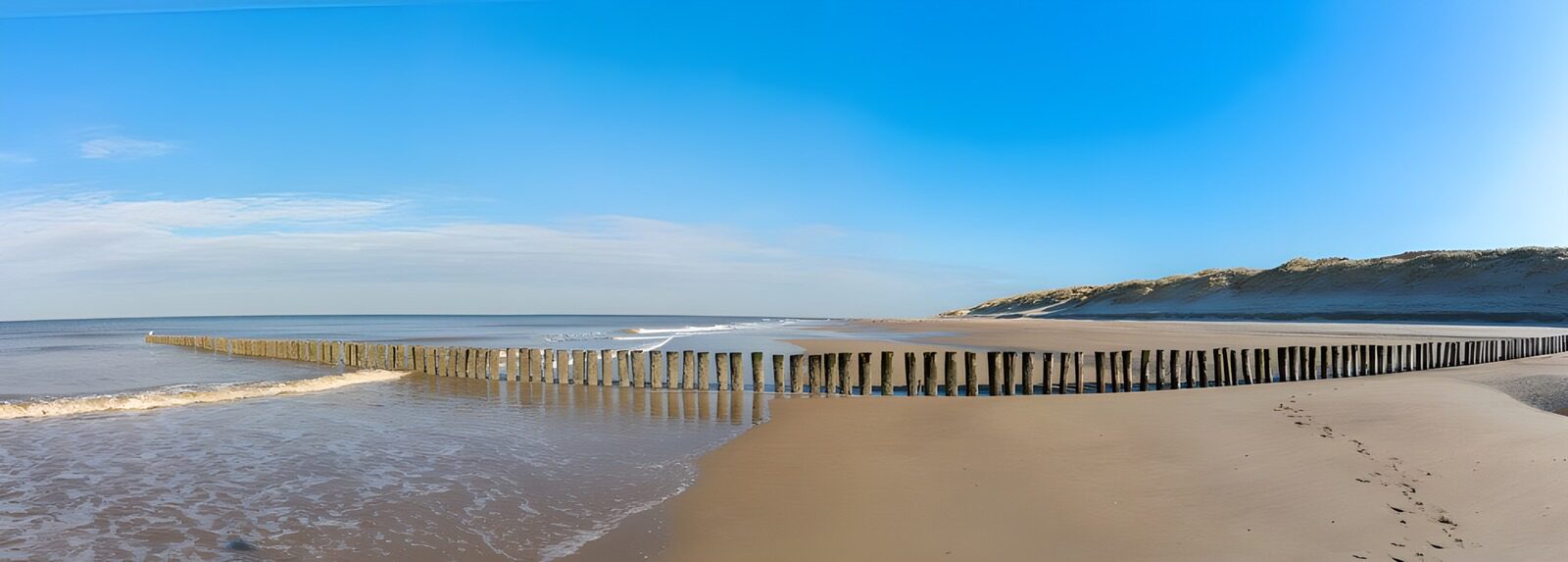 TP43862: Lange rij paalhoofden op Zeeuwse strand
