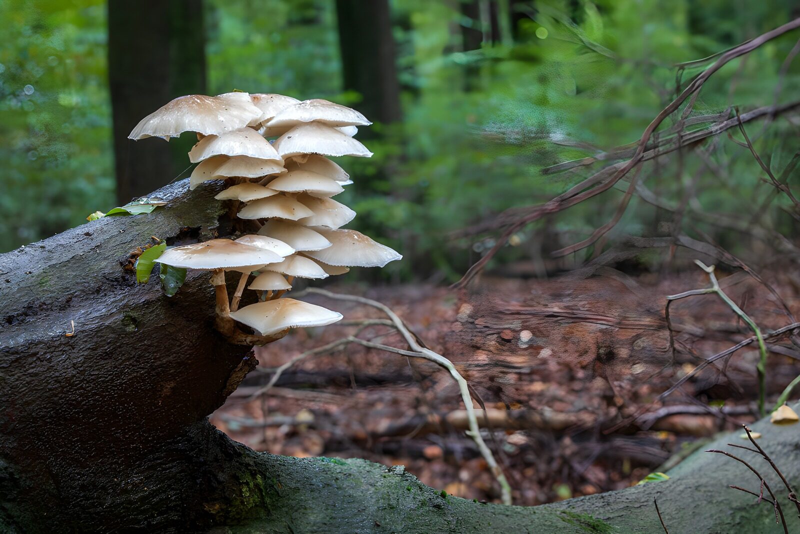TP28070: Paddestoelen op een omgevallen boomstronk