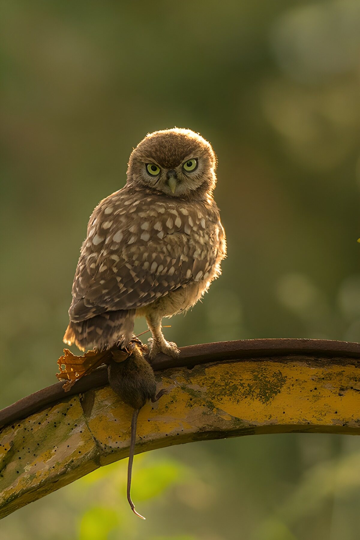 Kleine uil met prooi in de natuur