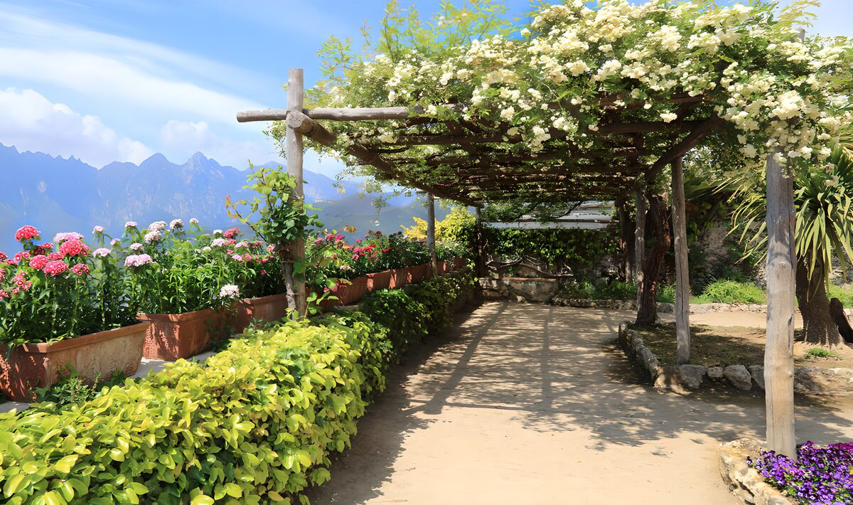 TP12414: Bloemenpaviljoen met uitzicht op bergen