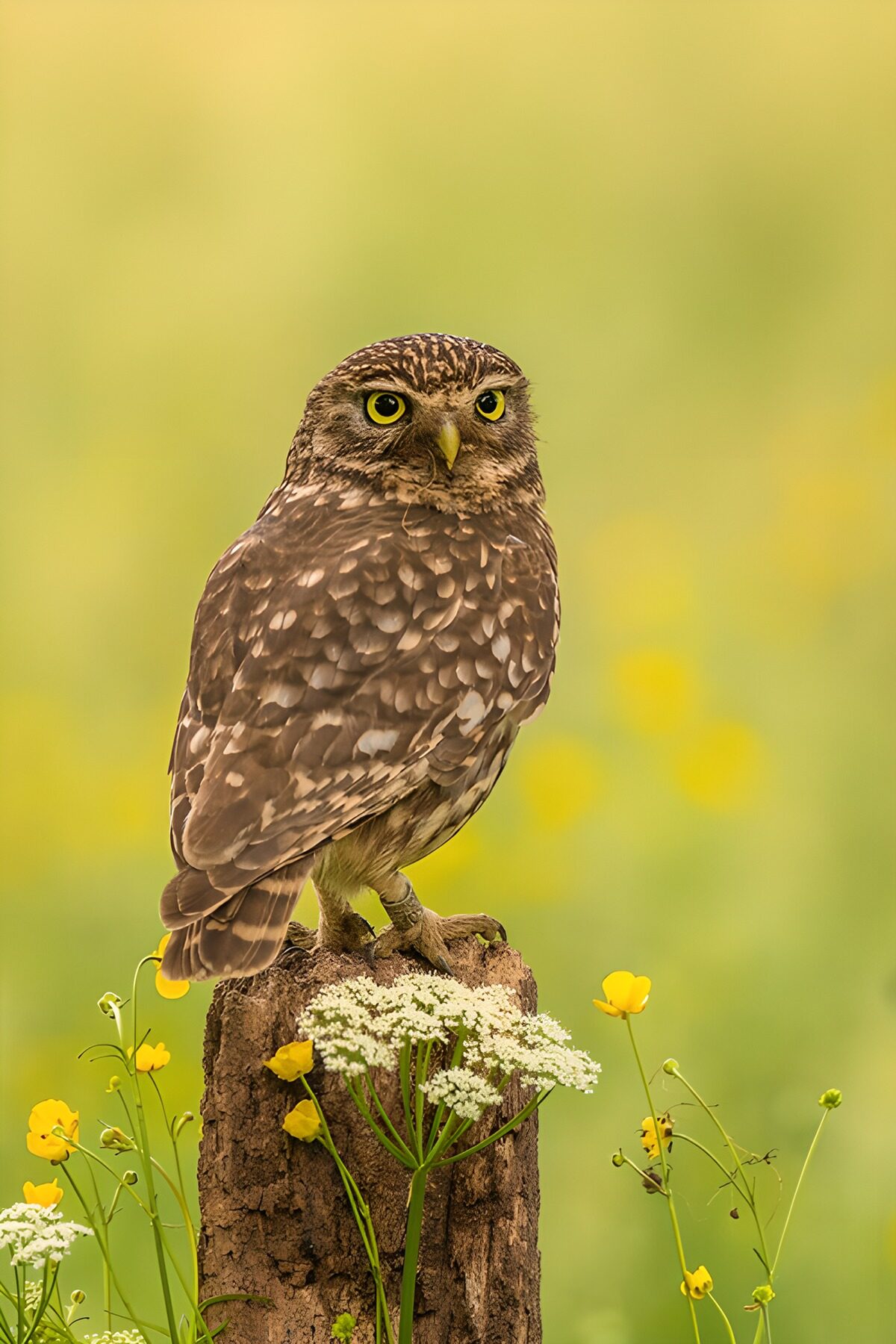 Uil op een boomstronk temidden van bloemen
