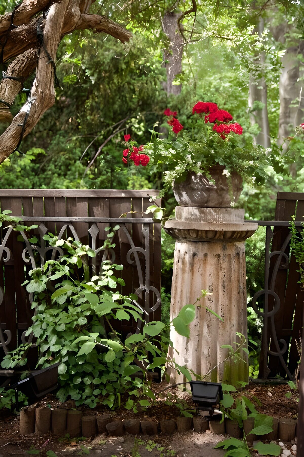TP89952: Bloempot op een klassieke zuil in de tuin