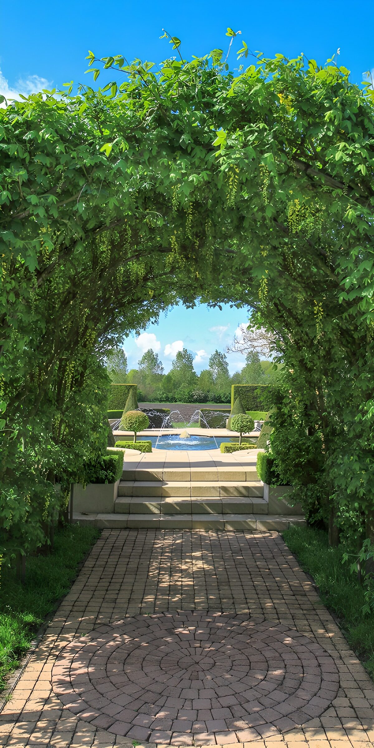 TP39798: Prachtige tuin met boog en fontein