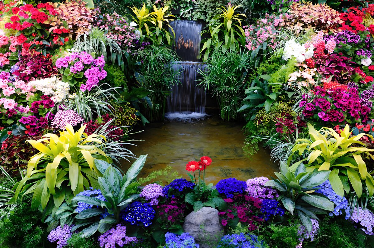 Waterval omringd door kleurrijke bloemen