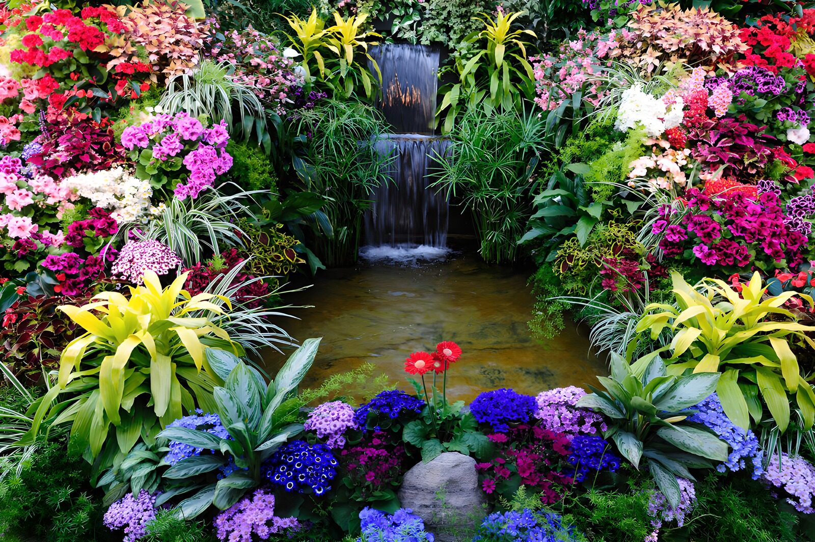 TP61296: Waterval omringd door kleurrijke bloemen